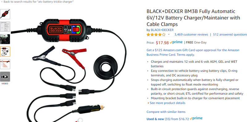 BLACK+DECKER BM3B Fully Automatic 6V/12V Battery Charger/Maintainer with Cable Clamps