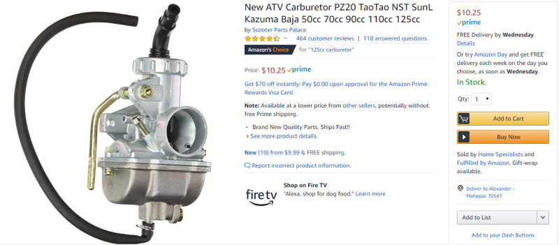 New ATV Carburetor PZ20 TaoTao NST SunL Kazuma Baja 50cc 70cc 90cc 110cc 125cc