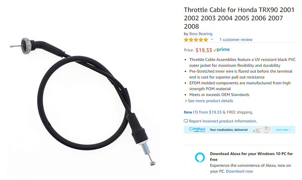 Throttle Cable for Honda TRX90 2001 2002 2003 2004 2005 2006 2007 2008