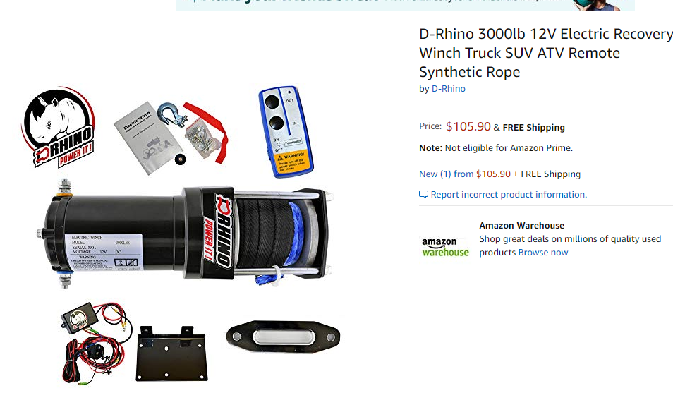 D-Rhino 3000lb 12V Electric Recovery Winch Truck SUV ATV Remote Synthetic Rope