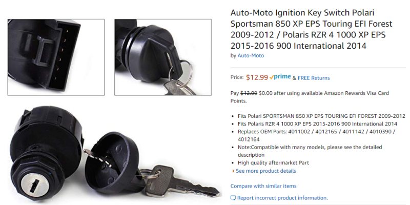 Auto-Moto Ignition Key Switch Polari Sportsman 850 XP EPS Touring EFI Forest 2009-2012 / Polaris RZR 4 1000 XP EPS 2015-2016 900 International 2014