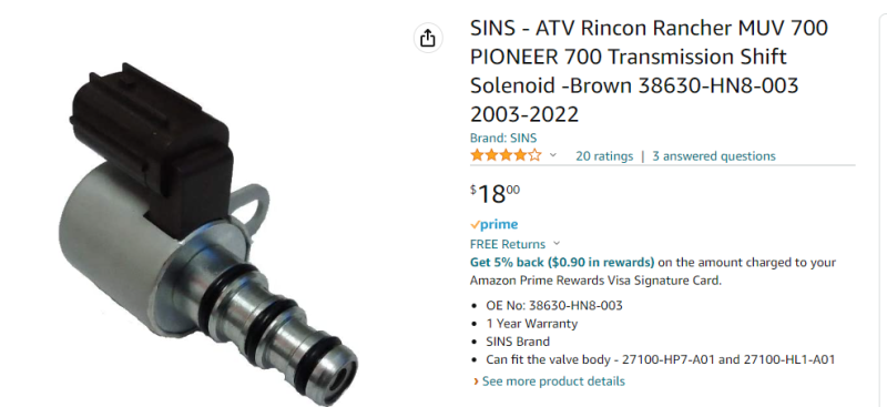 ATV Rincon Rancher MUV 700 PIONEER 700 Transmission Shift Solenoid
