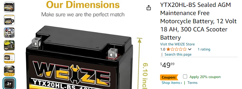 YTX20HL-BS Sealed AGM Maintenance Free Motorcycle Battery